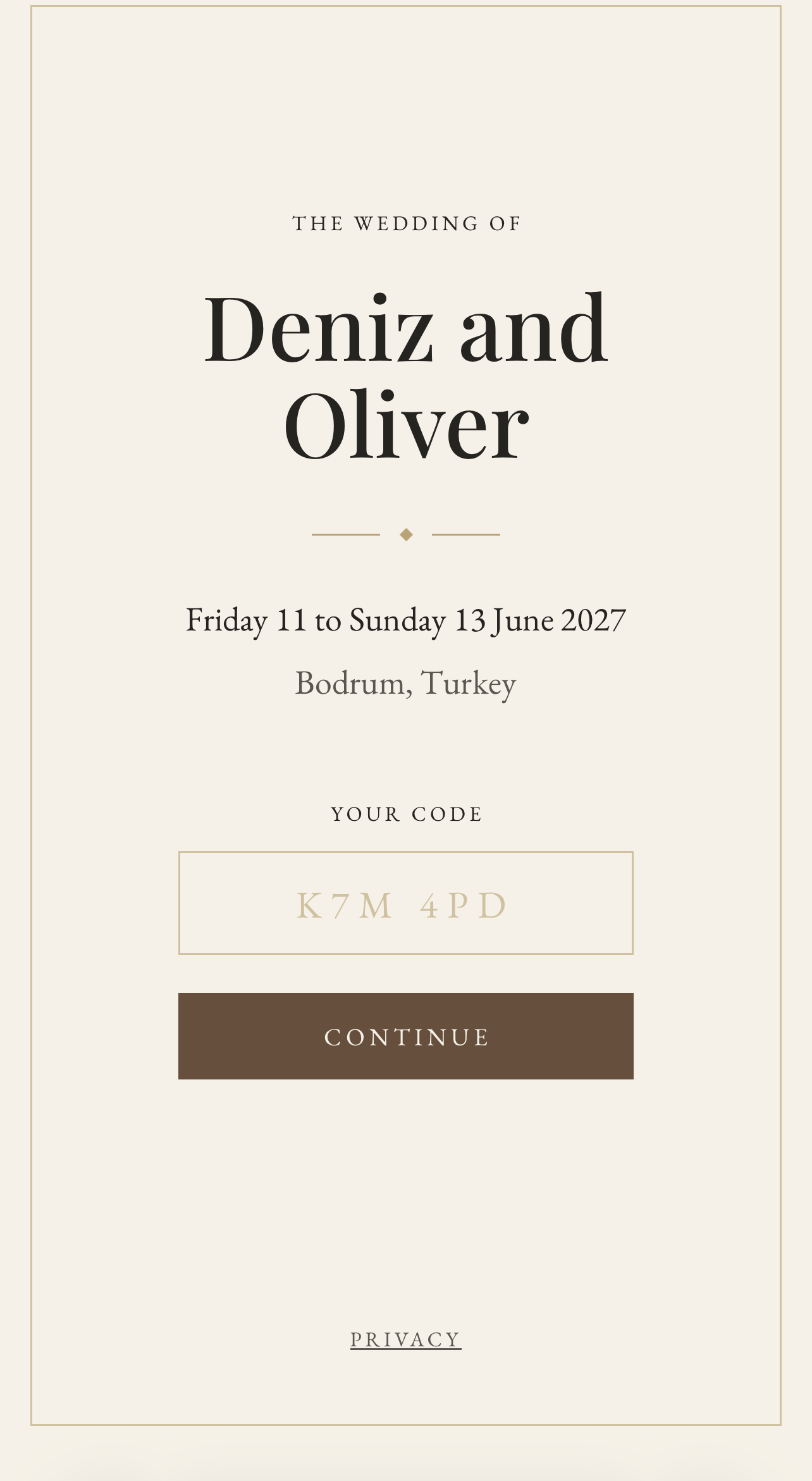 The wedding's arrival page on a phone, with a field for the guest's code.