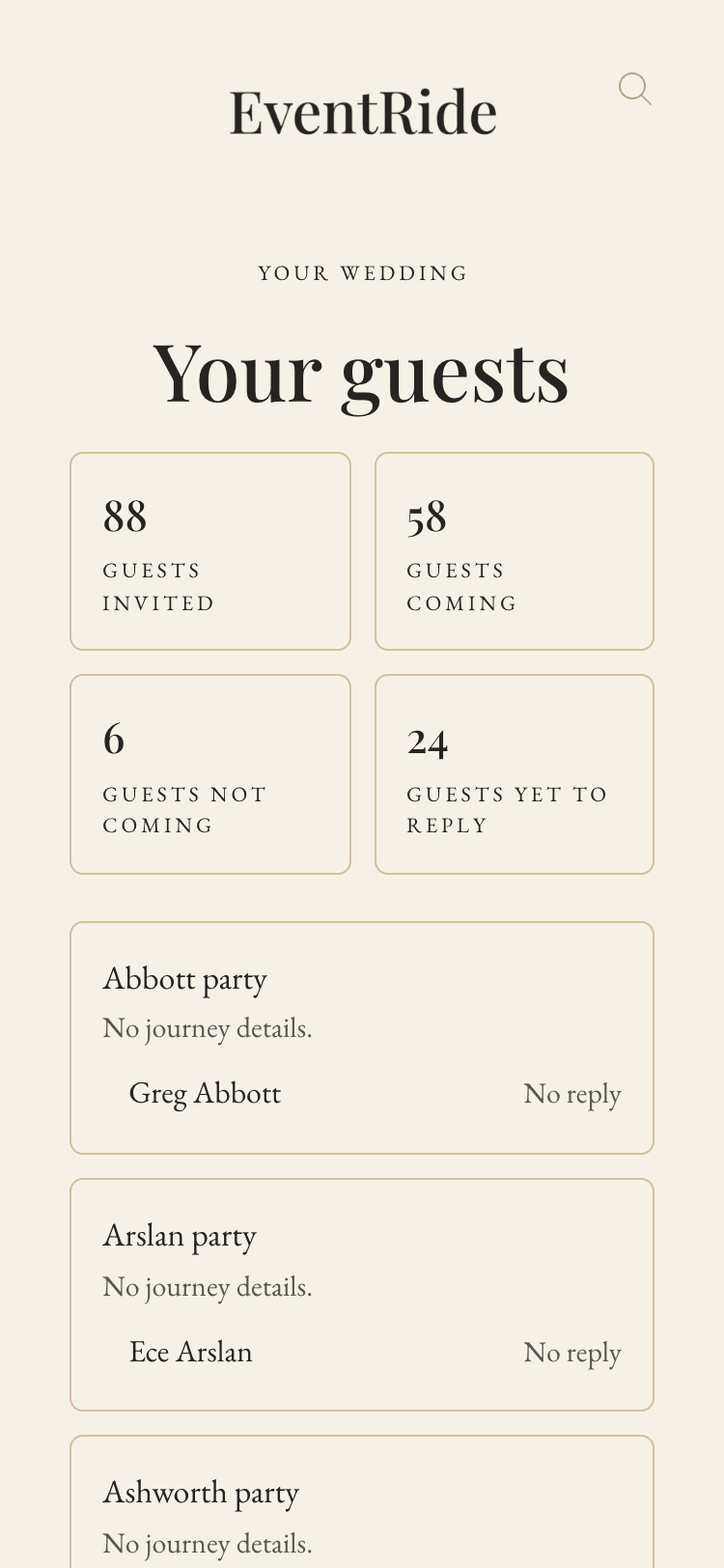 Your guests on a phone: guests invited, coming, not coming and yet to reply, then each invitation.
