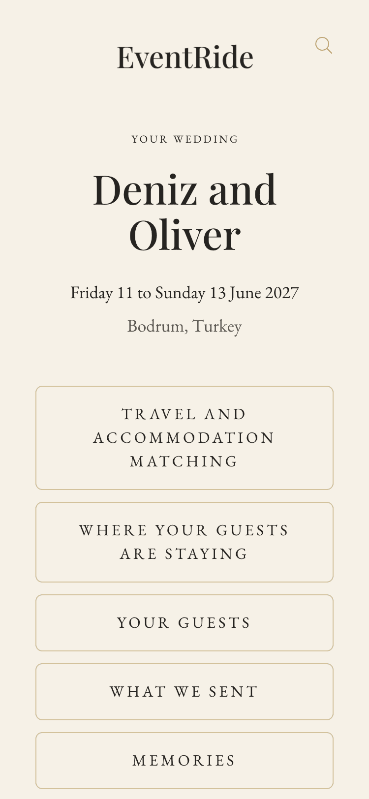 The couple's view on a phone: the wedding's names and dates, then cards for matching, where guests are staying, your guests, what we sent and memories.