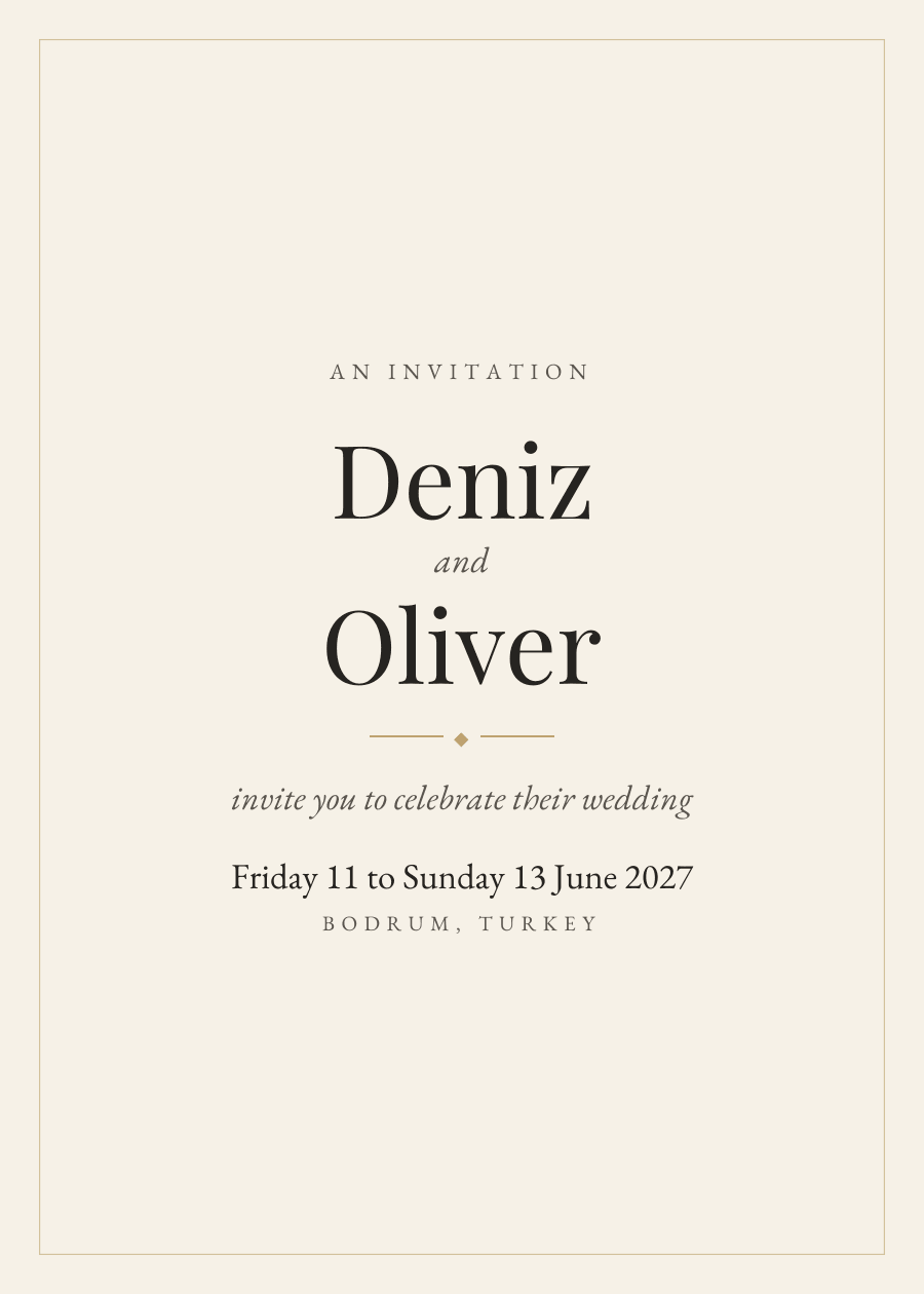 An invitation in the Classic layout, ivory and ink: Deniz and Oliver invite you to celebrate their wedding.