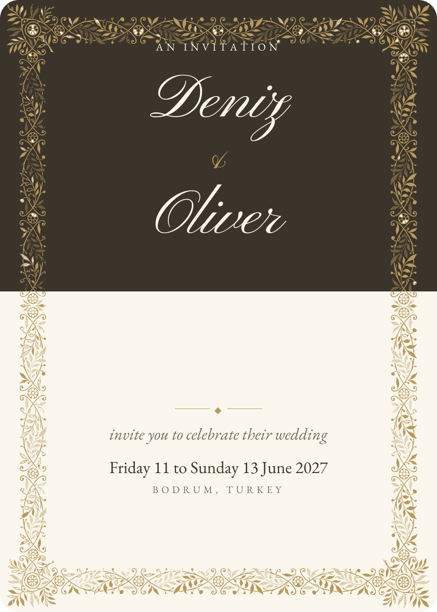 An invitation in the Duet layout with a floral border and soft corners.