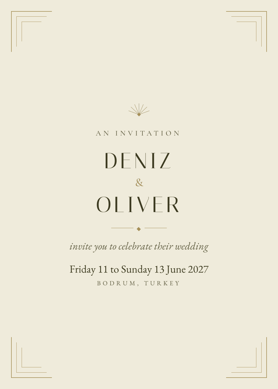 Gatsby, olive and gold: Deniz and Oliver, Friday 11 to Sunday 13 June 2027, Bodrum, Turkey.
