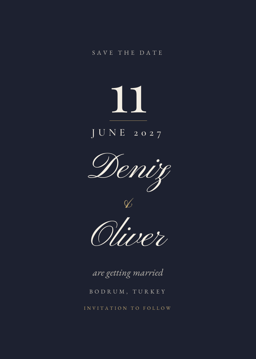 Grand date, a save the date in midnight: Deniz and Oliver, Friday 11 to Sunday 13 June 2027, Bodrum, Turkey.