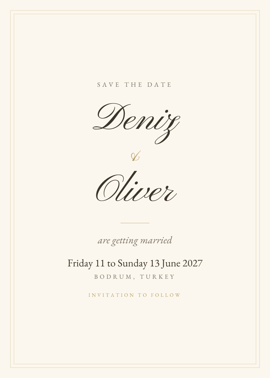 Heirloom, a save the date in champagne: Deniz and Oliver, Friday 11 to Sunday 13 June 2027, Bodrum, Turkey.