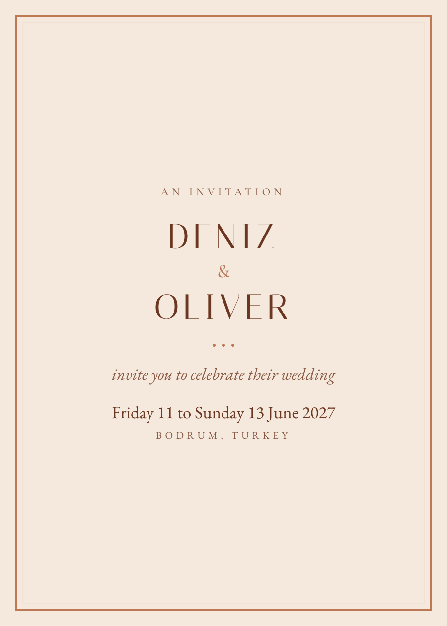 Letterpress, in terracotta: Deniz and Oliver, Friday 11 to Sunday 13 June 2027, Bodrum, Turkey.