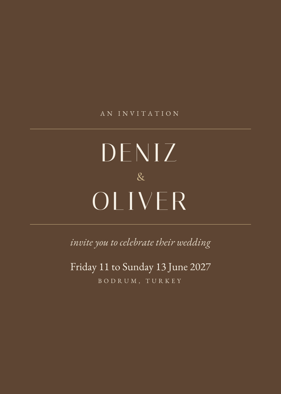 Marquee, in walnut: Deniz and Oliver, Friday 11 to Sunday 13 June 2027, Bodrum, Turkey.