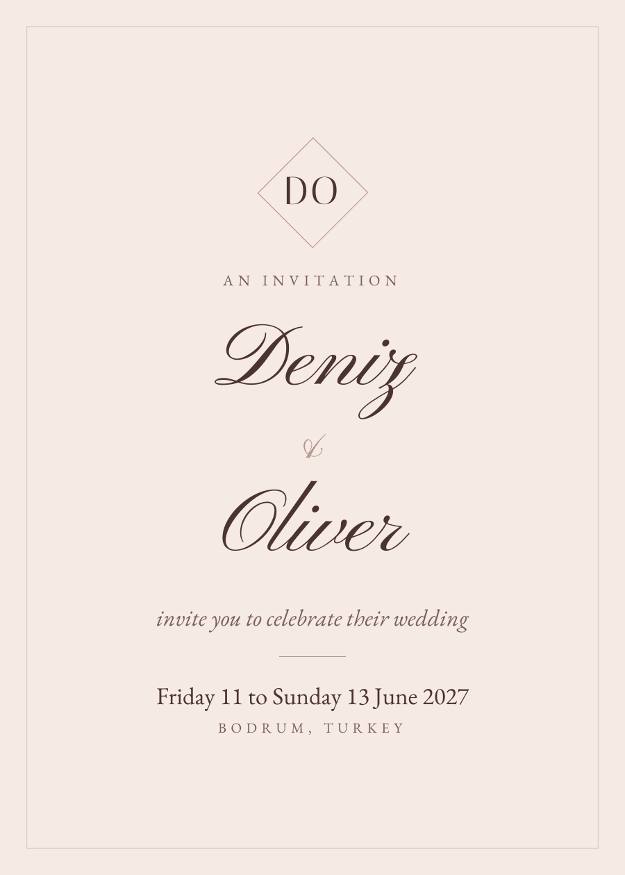 Diamond monogram, in blush: Deniz and Oliver, Friday 11 to Sunday 13 June 2027, Bodrum, Turkey.