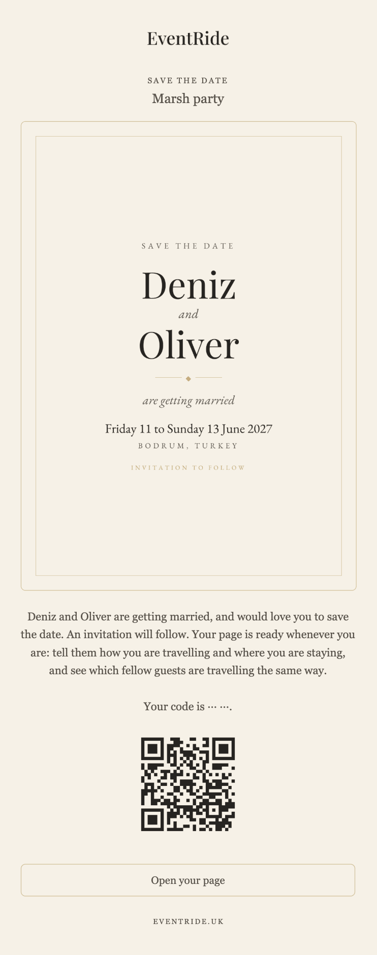 The save the date email with the designed card inside it.