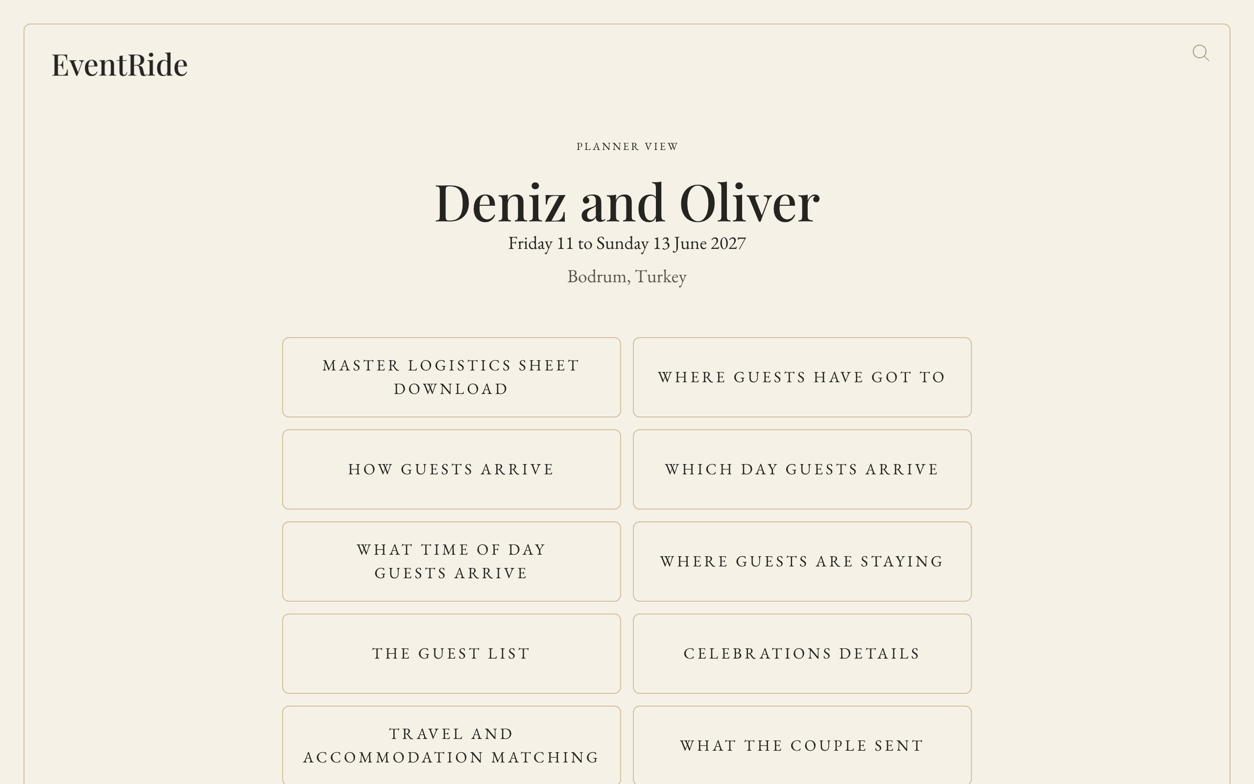 The planner view on a laptop: the couple's names, then cards for the master logistics sheet, where guests have got to, how guests arrive, which day and what time of day they arrive.
