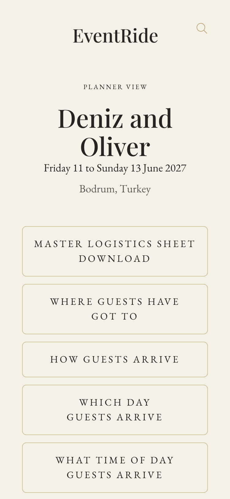 The planner's view on a phone: cards for the logistics sheet, where guests have got to, and how and when they arrive.