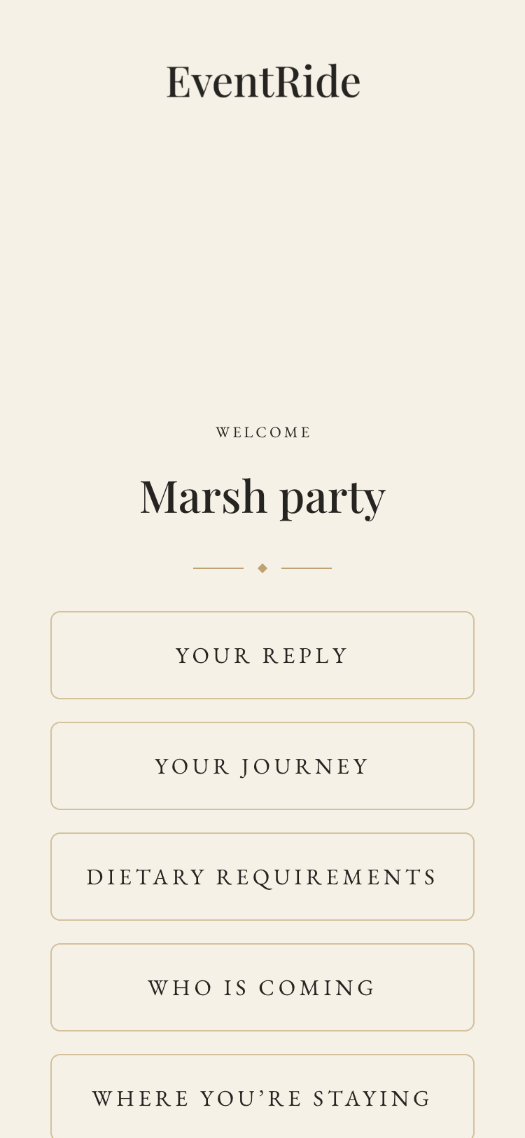 A guest's own page on a phone: Welcome, their household name, and cards for their reply, their journey, dietary requirements, who is coming, and where they are staying.